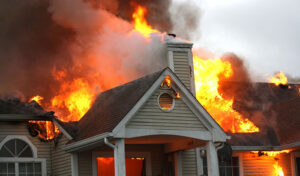 A Burning House Needing Fire And Water Restoration Services, As Well As Insurance Coverage