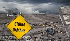 Storm Damage Sign On Roof - Storm Restoration And Restoration Services May Be Needed