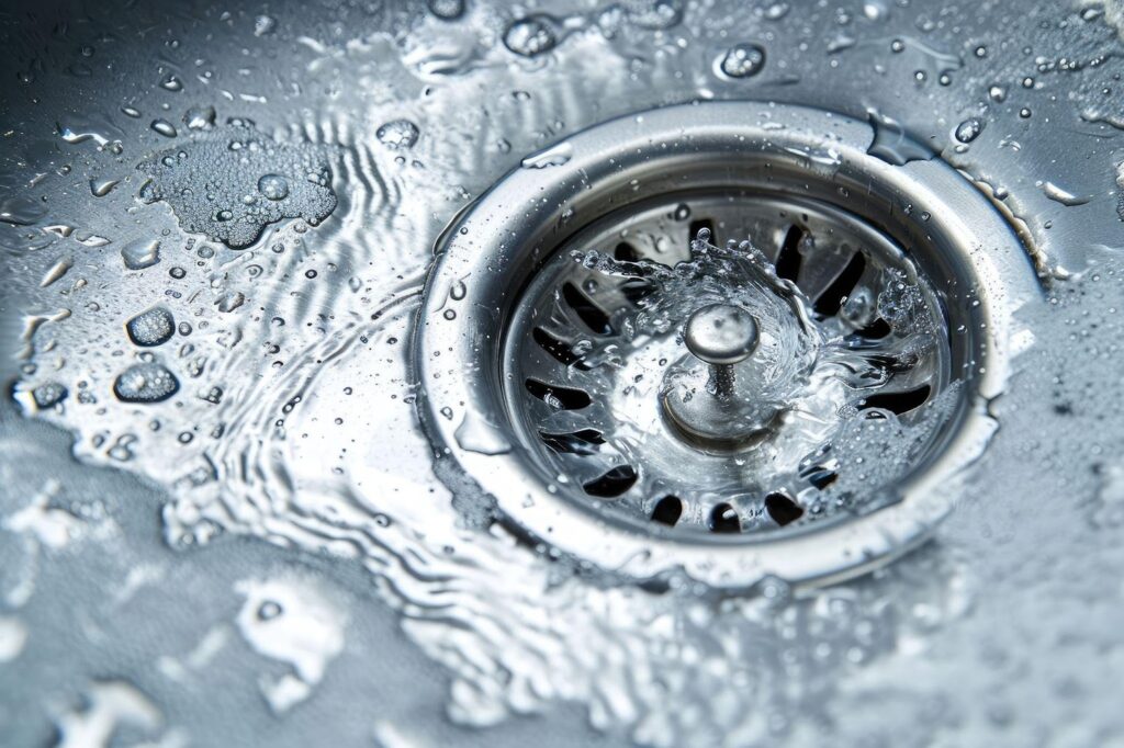 A close-up of a sink drain with water flowing down it, showcasing the plumbing fixture in action.