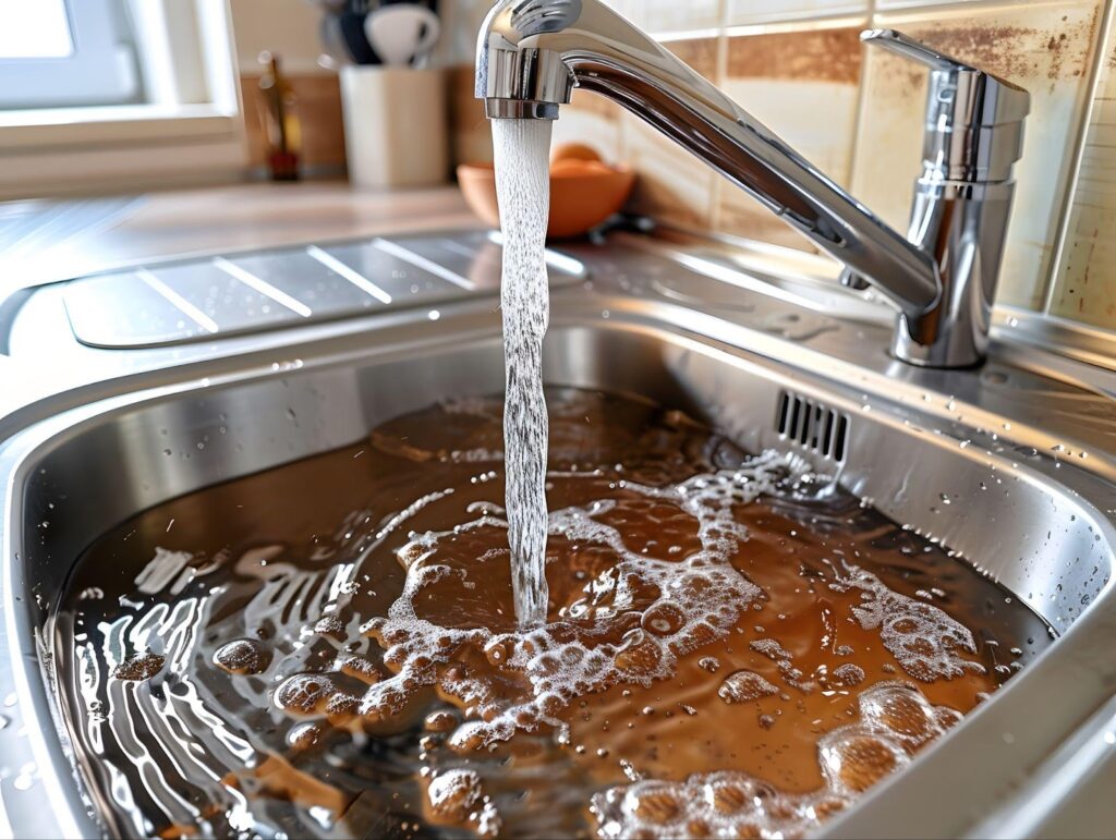 A sink with water flowing from the faucet, creating ripples in the basin