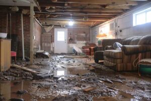 Flooded basement with muddy water, damaged furniture, and debris scattered across the floor, showing severe water damage.